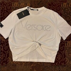 Versace White Short Sleeve Tee with Silver Rhinestone Accents